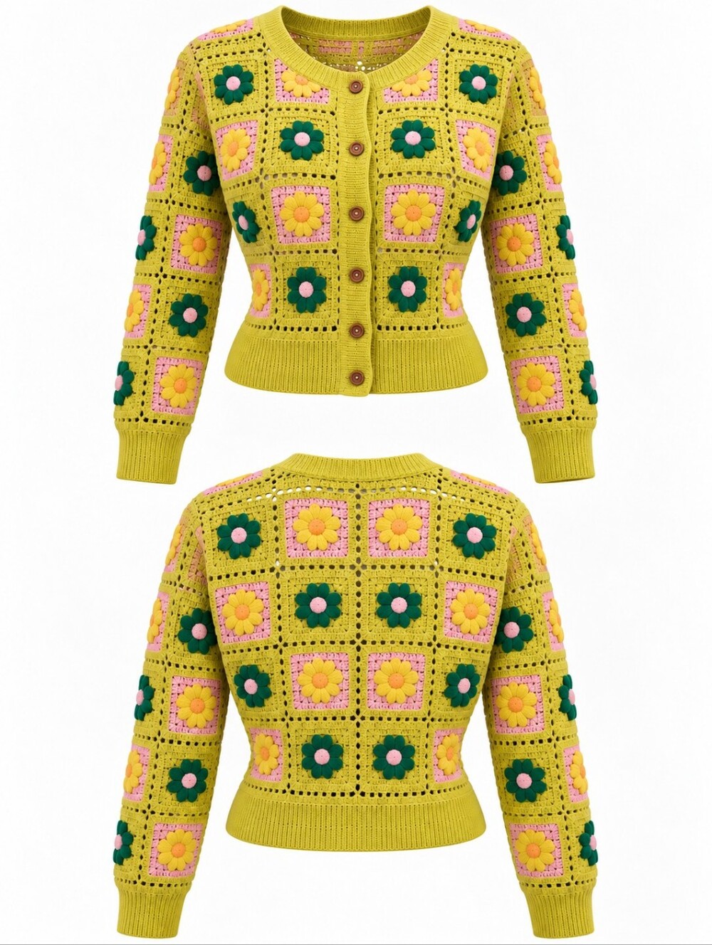 Daisy Crochet Cardigan |Floral Cardigan Sweater - Lime Green & Pink |M/L |EUC - Picture 10 of 10